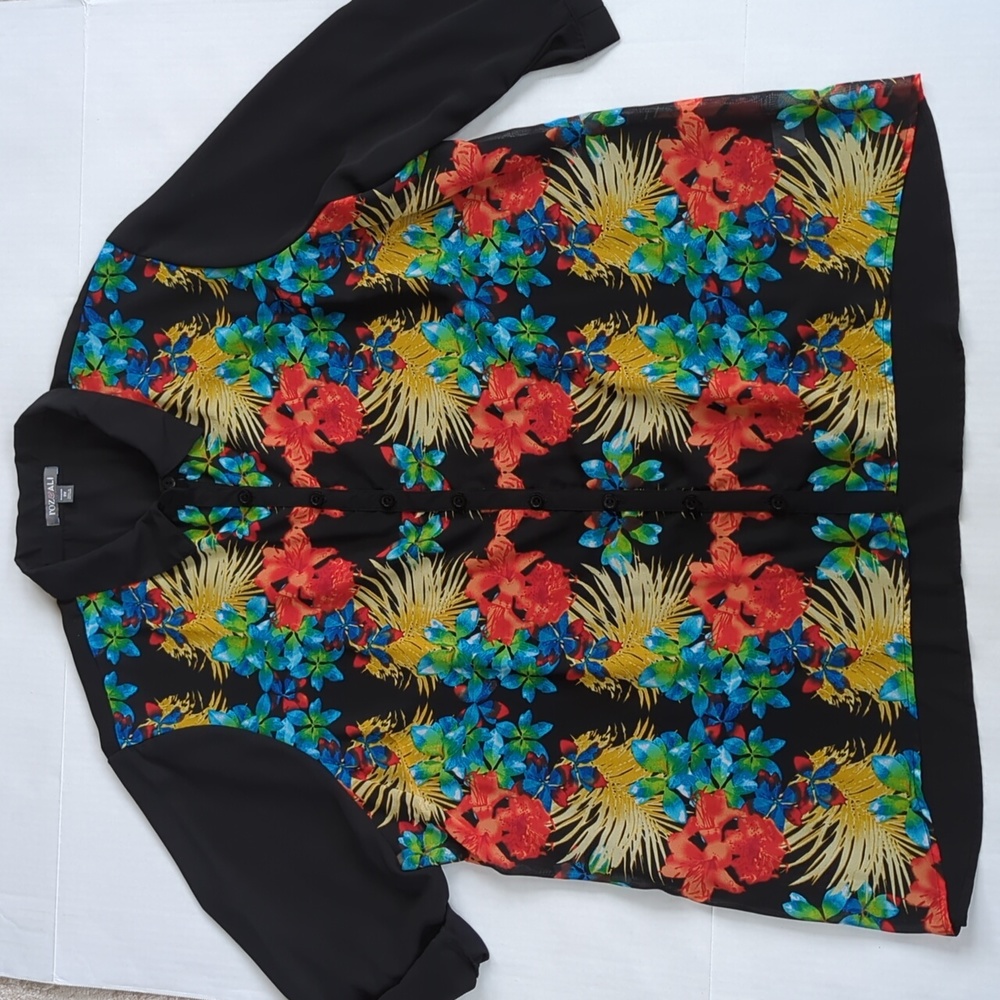 Roz & Ali Floral Sheer Button Down Tropical Blouse Woman 2X Black Blue - Picture 12 of 16